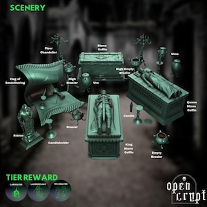 May include: A collection of green-toned miniature gaming terrain pieces labelled SCENERY and TIER REWARD, including a King Stone Coffin, Queen Stone Coffin, Stone Coffin, Hug of Smoothering, statue, floor chandelier, urns, and various types of brasiers.