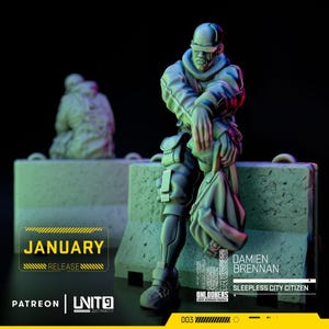 Cyberpunk Citizen NPC: zittend op wegversperring | RPG-model | Damien Brennan van Unit9