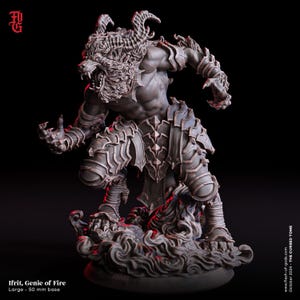 May include: A detailed figurine of an Ifrit, Genie of Fire, with a muscular physique, horns, and armor. The figure is posed dynamically atop a swirling base, with the text "Ifrit, Genie of Fire" and "Large - 50 mm base" visible.