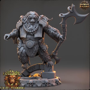 May include: A detailed gray miniature figure of a primate warrior, holding a large axe. The figure is clad in armor and stands on a base adorned with skulls. The text "The Strongbacks of Castle Primatus" is visible.