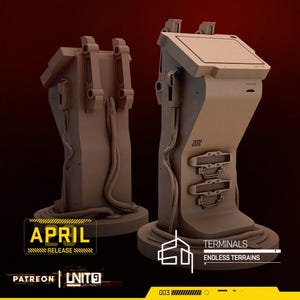 May include: Two beige futuristic terminals with a screen and various ports. The terminals have a circular base and are connected by cables. The image includes the text "APRIL RELEASE" and "TERMINALS ENDLESS TERRAINS".
