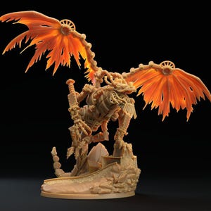 May include: A light orange, unpainted resin miniature of a mechanical dragon with large, tattered wings, a train-like locomotive head, and a sword held in one clawed hand, standing on a rocky base with a small section of train track.