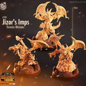 May include: Beige miniature demon figures with bat wings, claws, and horns. The figures are labelled "Jizor's Imps" and "Demon Minions." The suggested base size is 25mm, with a height of 27mm. The Cast n' Play logo is visible.