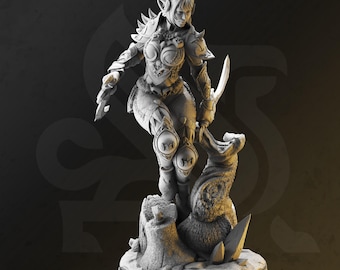 May include: A gray, unpainted resin miniature figurine of a horned warrior character in ornate armor, holding two curved blades. The figure stands on a textured base featuring a tree stump and a rocky formation with sharp, crystalline protrusions.