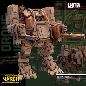 May include: A tan-coloured combat drone model with multiple gun barrels and a cockpit. The model is labelled "ORION COMBAT DRONE" and "MARCH RELEASE". The image also includes the text "LNIT9 JUST PRINT IT".