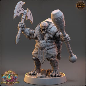Op de afbeelding: Grijze miniatuurfiguur van een krijger, met een bijl en een knots. De figuur draagt een harnas en vacht, met ingewikkelde details. De basis heeft de tekst "The Praetorians Shield Island".