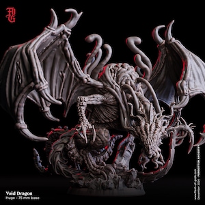 May include: A detailed, gray Void Dragon figurine with large wings, tentacles, and a reptilian head. The base is 75 mm. The dragon is posed on a rocky base against a black background. The text "Void Dragon" is visible.