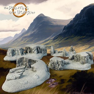 Puede incluir: Un conjunto de piezas de terreno en miniatura grises, que representan formaciones rocosas, para juegos de mesa. Las piezas varían en tamaño y forma, con superficies texturizadas y bordes detallados. El fondo muestra un paisaje con montañas y un cielo nublado. El texto "the painting goes ever on" es visible.