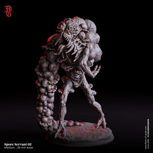 Op de afbeelding: Een grijze, monsterlijke Spore Servant-figuur met een skeletachtig uiterlijk en bolvormige uitwassen. De basis is 25 mm. Het gezicht is dreigend.