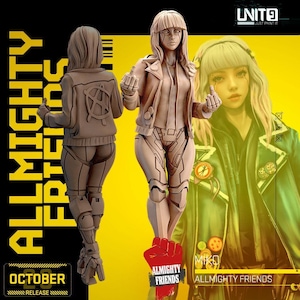 May include: A 3D model of a woman in a jacket and futuristic trousers, with the text "ALMIGHTY FRIENDS" and "OCTOBER RELEASE". The figure is in a dynamic pose, with a fist raised. The background is yellow.