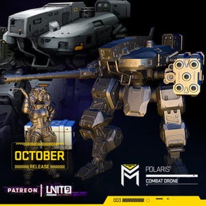 Könnte beinhalten: Ein metallisch graues Kampfdrohnenmodell mit langem Lauf und einem mehrläufigen Waffensystem, begleitet von einer stehenden humanoiden Figur. Das Bild enthält den Text OCTOBER RELEASE, PATREON, UNIT9 und POLARIS COMBAT DRONE.