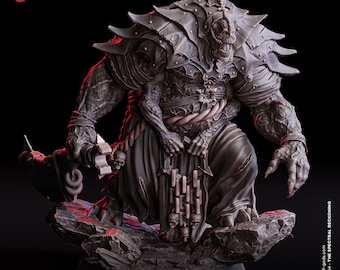 May include: A grey resin miniature figure of a hulking, armored creature named Thanabros, The Enforcer. The figure features spiked shoulder armor, a rope belt, a large axe, and a tattered robe adorned with skulls, standing on a 50 mm base.