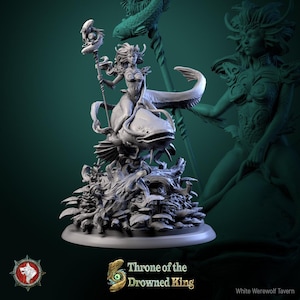 May include: A grey resin miniature figurine depicting a figure riding a large catfish, holding a staff topped with a fish. The base features detailed aquatic foliage and mushrooms. Text at the bottom reads Throne of the Drowned King.