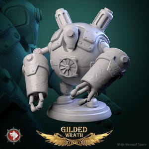 Puede incluir: Una figura de robot esférica de color gris claro con una rejilla circular central, dos tubos de escape superiores y grandes brazos mecánicos. La base presenta el texto GILDED WRATH con un emblema de alas doradas y un pequeño logo de lobo.