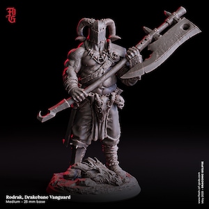 Puede incluir: Una figura gris de Rodrak, Drakebane Vanguard, un guerrero musculoso con un casco con cuernos y un hacha grande. La figura está sobre una base de 25 mm. La figura sostiene un hacha grande y una cuchilla curva. El fondo es negro.