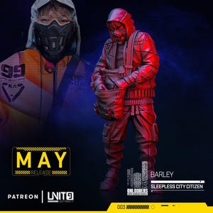 May include: A red figurine of a person in a hooded jacket, gas mask, and cargo pants, holding a bag. The text "MAY RELEASE" is displayed, along with "BARLEY SLEEPLESS CITY CITIZEN". The image has a futuristic, dystopian theme.