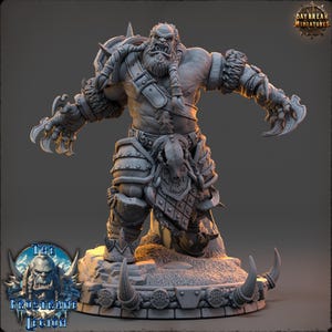 May include: A detailed gray miniature of a muscular orc warrior with intricate armor, a braided beard, and clawed hands. The figure stands on a rocky base with decorative elements and the text "The Frostgrave Legion" and "Daybreak Miniatures".