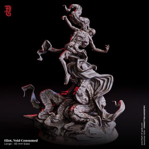 May include: A detailed, gray sculpture titled "Eliot, Void Consumed" with a 50 mm base. The artwork depicts a figure intertwined with tentacle-like forms and flowing fabric. The sculpture has a dark background and is from Forgotten Ancestry.