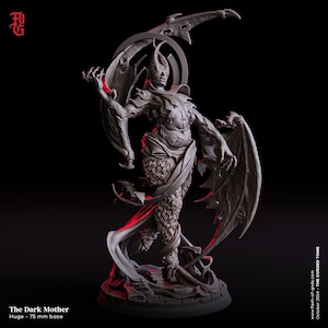 May include: A grey resin miniature figure titled The Dark Mother, featuring a horned entity with wings, clawed hands, and textured leg details, standing on a circular base with a 75 mm diameter, set against a solid black background.