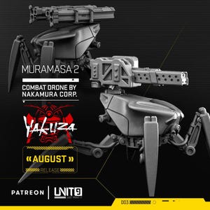 Może przedstawiać: Obraz w skali szarości modelu drona bojowego z napisem "MURAMASA 2" z tekstem "COMBAT DRONE BY NAKAMURA CORP." Dron ma wiele nóg i jest wyposażony w broń. Widoczne jest również logo Yakuza.