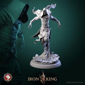 May include: A white fantasy figurine of a hooded figure with outstretched arms and clawed hands. The figure is standing on a rocky base. The Iron King logo and White Werewolf Tavern text are at the bottom.