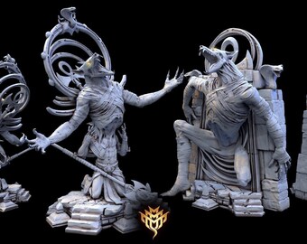 May include: A set of four light gray resin figurines depicting anthropomorphic jackal-like creatures in various poses, including kneeling and emerging from stone archways, featuring intricate bandages and circular halo-like back structures.