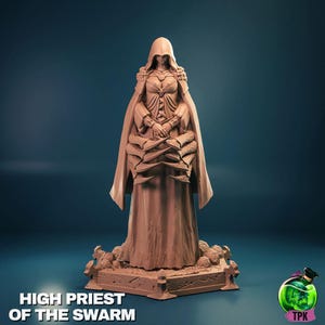 Puede incluir: Una detallada figura marrón del Sumo Sacerdote del Enjambre, con una capa con capucha y un vestido largo. La figura tiene múltiples brazos y está de pie sobre una base detallada. El texto "HIGH PRIEST OF THE SWARM" está en la parte inferior.