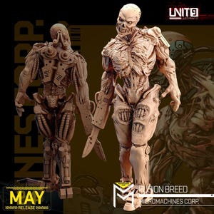 May include: Two detailed, beige-colored robot figures are displayed against a dark background. One figure is a full-body model with a skeletal head and mechanical components. The other figure is a back view of a similar robot. The text "MAY RELEASE" is visible.