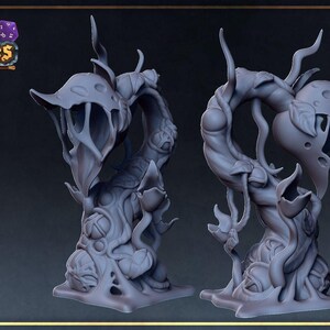 May include: Two grey, unpainted resin miniature figures of a carnivorous plant with a large, open, toothy maw at the top of a thick, winding vine stem. The base is covered in smaller buds and leaves. The text Roleplaying & Miniatures is visible.