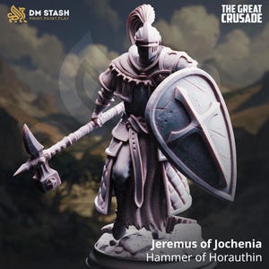 May include: A light purple miniature figurine of a knight named Jeremus of Jochenia, Hammer of Horauthin. The knight wears plate armour with a plumed helmet, holds a large war hammer, and carries a shield with a cross emblem on a rocky base.