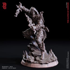 Peut inclure: Une figurine miniature grise représentant un personnage encapuchonné dans une pose de combat dynamique, tenant une lame ondulée d'une main et un effet d'énergie tourbillonnant de l'autre. La figurine repose sur une base rocheuse de 25 mm.