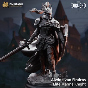 May include: A grey miniature figurine of a knight named Alwine von Findros, Elite Marine Knight. The figure wears ornate plate armour, a plumed helmet, and a flowing cape, while holding a long sword in one hand and a shield in the other.