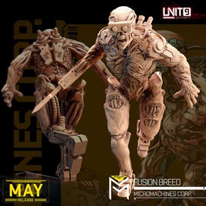 May include: A detailed, tan-colored 3D-printed figure of a cyborg with a skeletal face, wearing a headset and holding a blade. The figure is posed dynamically, with mechanical details visible. The text "FUSION BREED" and "MICROMACHINES CORP." are also visible.