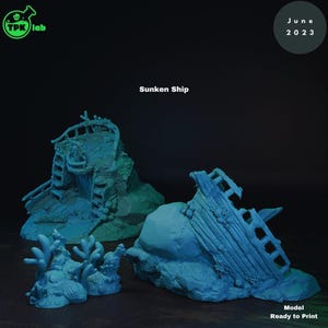 May include: A set of three teal-coloured 3D printed models featuring a sunken ship, a ship fragment, and coral reef elements. The text "TPK lab", "June 2023", "Sunken Ship", and "Model Ready to Print" is visible on the dark background.