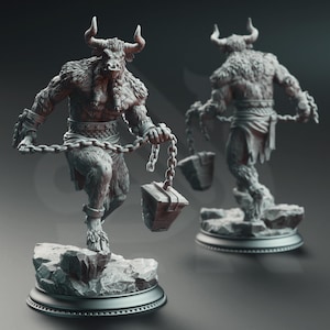 May include: A detailed sculpture of a minotaur, a mythical creature with the head of a bull and the body of a man. The minotaur is holding chains and a bucket-shaped object. The sculpture is on a rocky base and a circular platform.