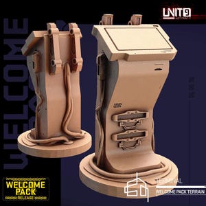 May include: A tan-coloured, 3D-printed sci-fi terminal terrain piece featuring a slanted screen, two horizontal recessed panels, and external cabling. The structure stands on a circular base, with the text UNIT9 visible in the upper right corner.