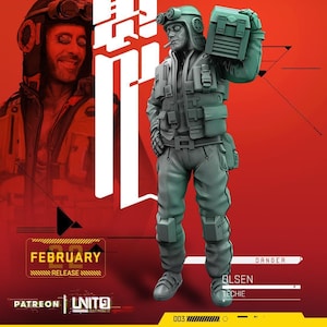 Peut inclure: Une figurine monochrome bleu sarcelle représentant un personnage portant un gilet tactique, un pantalon cargo et un casque avec lunettes, tenant une caisse rectangulaire sur l'épaule. La figurine a une cigarette à la bouche et se détache sur un fond rouge avec le texte FEBRUARY RELEASE, DANGER, OLSEN, TECHIE et UNIT9.