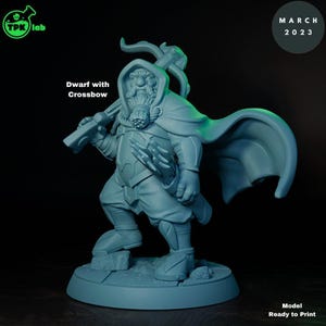 May include: A light blue miniature figurine of a dwarf with a long braided beard, wearing a hooded cloak and armor, carrying a crossbow on the shoulder and a quiver of bolts. Text on the image includes TPK lab, Dwarf with Crossbow, March 2023.