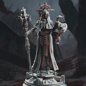 May include: A grey miniature figurine of a hooded figure standing on a circular base. The figure wears a cloak, holds a tall ornate staff in the right hand, and carries a lantern in the left. A spiked halo sits behind the head.