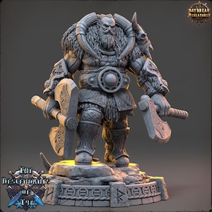 May include: A detailed grey miniature figure of a warrior with a long beard, horns, and fur accents, holding two axes. The figure stands on a stone base with engraved text. The Daybreak Miniatures logo is visible.