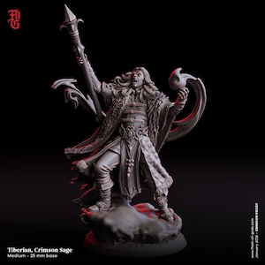 Op de afbeelding: Een gedetailleerd grijs miniatuurbeeldje van de Tiberian, Crimson Sage, met een staf en een gloeiende bol. Het beeldje staat op een rotsachtige basis. De tekst "Tiberian, Crimson Sage" en "Medium - 25 mm base" is zichtbaar.
