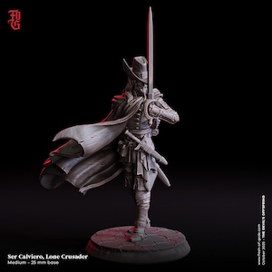 May include: A detailed figurine of Ser Calviero, Lone Crusader, holding a sword. The figure wears a hat, cape, and military-style attire. The base is 25 mm. The figurine is a medium size and is set against a black background.