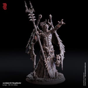 May include: A detailed, dark brown Archdevil Mephistir figurine with horns, wings, and a staff. The figure is on a 50 mm base. The text "Archdevil Mephistir" and "Large - 50 mm base" are visible. The figurine is from "THE SHADOW CONCLAVE".