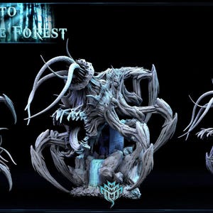 May include: A grey, multi-limbed creature figurine with sharp, branch-like appendages and a jagged, open mouth, displayed from multiple angles. The text 'JOURNEY INTO THE FOREST' appears in the top left corner against a dark background.