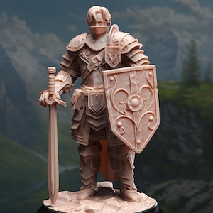 May include: A detailed sculpture of a knight in full armor, holding a sword and shield. The knight is standing on a rocky base, with intricate details on the armor and shield. The color is a light tan.