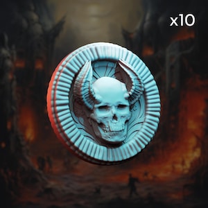 May include: A light blue, circular relief sculpture featuring a skull with horns and a decorative border. The image shows ten of these sculptures against a dark, fiery background, suggesting a fantasy or gothic theme.