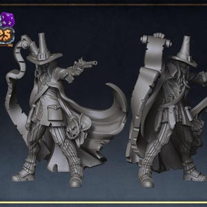May include: Two grey resin tabletop gaming miniatures depicting a character in a wide-brimmed hat, long coat, and striped trousers. The figure holds a flintlock pistol in one hand and a large, unrolled scroll in the other, with a skull accessory.