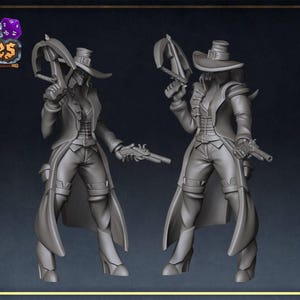 May include: Two grey unpainted resin miniature figures of a character wearing a long coat, trousers, and a wide-brimmed hat. Each figure holds a crossbow in one hand and a pistol in the other. The text Roleplaying & Miniatures is in the top left.