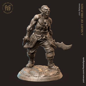 May include: A grey-toned fantasy miniature figure of a muscular humanoid warrior with pointed ears, wearing a skull necklace, arm guards, and loose trousers. The figure holds a curved blade in one hand and stands on a textured circular base.