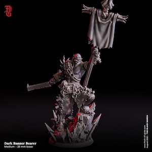 May include: A detailed miniature figure of a Dark Banner Bearer, a fantasy character. The figure is grey with intricate details, holding a banner and a large blade. The base is 25 mm. The figure is standing on a rocky base with red accents.